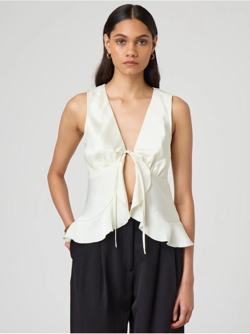 Ivory White Satin Tie front V-neck Vest Top